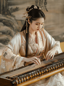 弹奏摄影照片_穿中国传统服饰的女性弹奏古琴