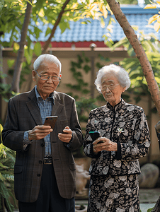 亚洲人老年夫妇在庭院使用手机2