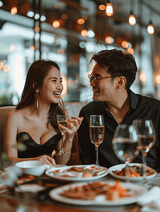爱在情人节摄影照片_亚洲人快乐情侣在餐厅里用餐