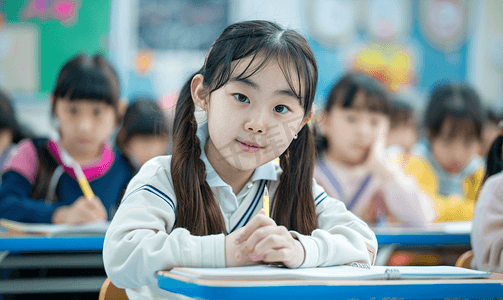 黑板写字摄影照片_亚洲人小学生在教室里上课