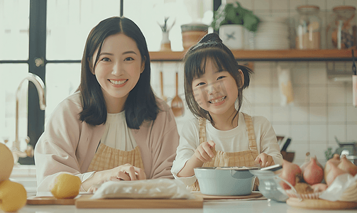 亲子活动摄影照片_亚洲人年轻妈妈和女儿在厨房