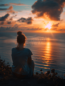 海边情侣摄影照片_海边观落日海洋