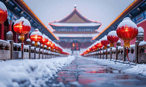 中国风喜庆摄影照片_北京故宫红灯笼之雪
