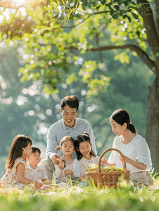 亚洲人欢乐家庭在郊外野餐夏天