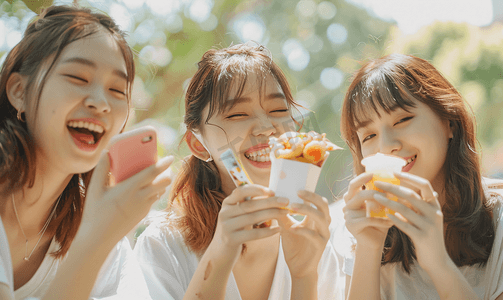 亚洲人青年朋友用手机给美食拍照人物