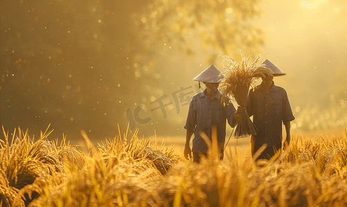 下乡助农图摄影照片_亚洲人麦田里手捧稻谷的农民