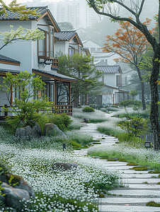 春天绿意摄影照片_春天的季节住宅小区高清图片