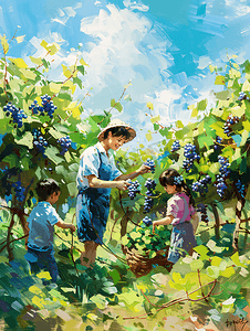 亚洲人幸福家庭在采摘葡萄