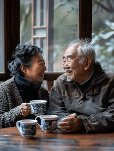 人喝茶摄影照片_亚洲人快乐的中老年人喝茶聊天