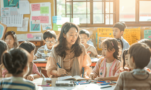 学校里的人摄影照片_亚洲人乡村女教师和小学生在教室里