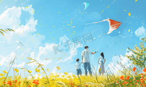 七夕促销活动海报摄影照片_亚洲人一家三口在草地上放风筝