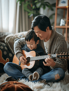 家庭教育图片摄影照片_亚洲人父亲和男孩在弹吉他