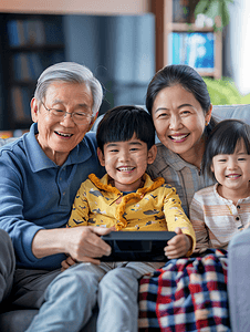 电视摄影照片_亚洲人幸福家庭在客厅看电视