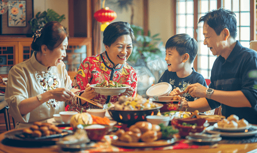 阖家团圆海报摄影照片_亚洲人幸福家庭过年吃团圆饭