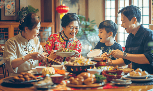 亚洲人幸福家庭过年吃团圆饭