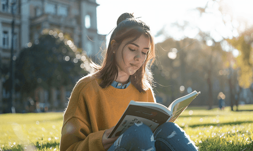 校园生活摄影照片_坐在校园草坪上看书的女学生