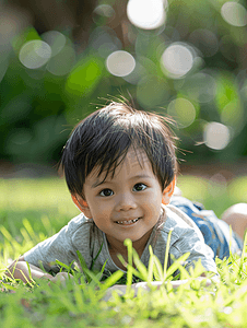 亚洲人可爱的小男孩躺在草地上