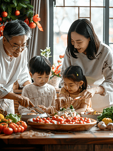 亚洲人快乐家庭准备年夜饭