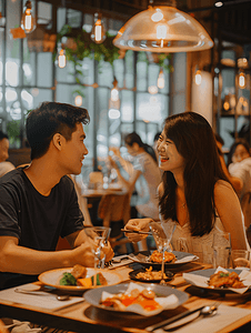 情人节餐厅摄影照片_亚洲人快乐情侣在餐厅里用餐
