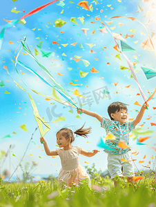 玩耍的小朋友摄影照片_亚洲人快乐的小朋友在公园里放风筝