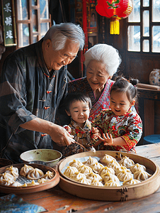 饺子摄影照片_亚洲人幸福家庭过年包饺子