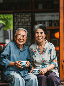 亚洲人老年夫妇在庭院喝茶