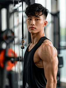 亚洲人青年男人在健身房里健身