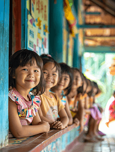 校园摄影照片_亚洲人乡村小学里的小学生