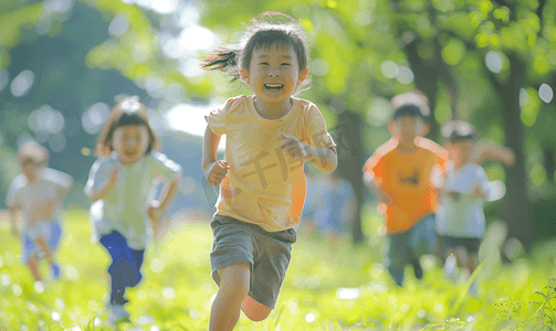 秋天人像摄影照片_亚洲人小朋友们在公园里快乐奔跑