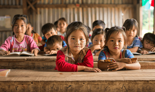 亚洲人乡村小学里的小学生