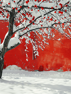 唯美冬季雪景摄影照片_雪中蜡梅红墙