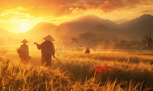 老年人摄影照片_亚洲人夕阳下农田里的农民