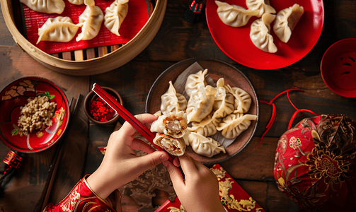亚洲人幸福家庭过年包饺子