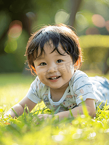 带心可爱字体摄影照片_亚洲人可爱的小男孩躺在草地上