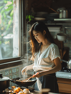 亚洲人青年女人在厨房里做饭