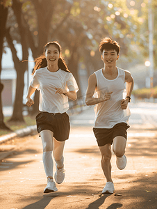 瘦身摄影照片_亚洲人青年情侣户外慢跑