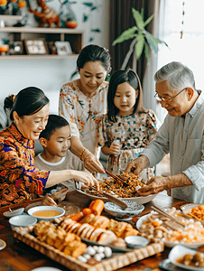 阖家团圆海报摄影照片_亚洲人幸福家庭过年吃团圆饭