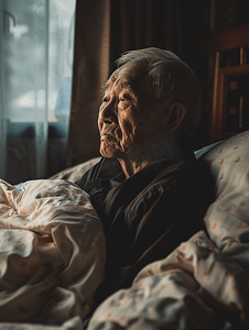 老人坐轮椅摄影照片_亚洲人孤独的老人坐在床上