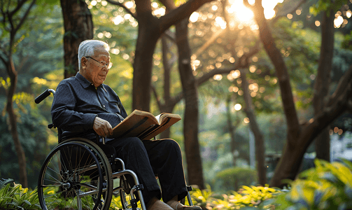 亚洲人户外老年男人坐在轮椅上看书