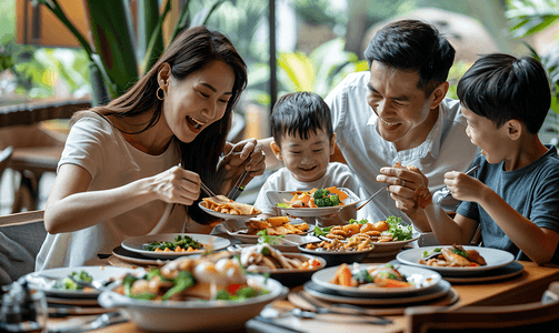 亚洲人幸福家庭在吃饭