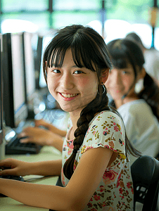 亚洲人女教师和小学生在教室里使用电脑