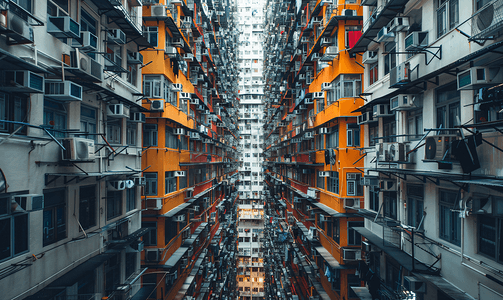 夸张大嘴巴摄影照片_香港密集的居民区城市上空
