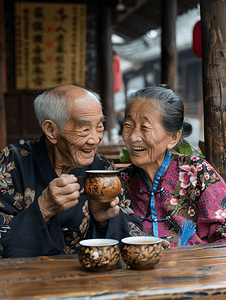 亚洲人老年夫妇在庭院喝茶