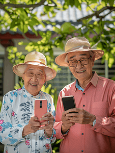 亚洲人老年夫妇在庭院使用手机