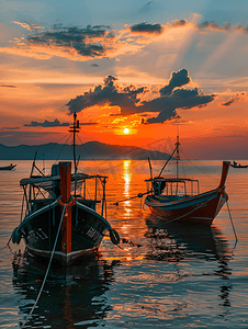 简约海边背景摄影照片_夕阳下的渔船