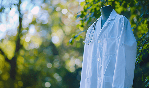 bokeh摄影照片_医生实验室白外套超过bokeh绿色背景考试制服科学