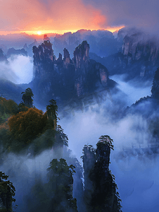 中国风景水墨摄影照片_武夷山云雾日出