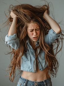 抓头发的女生摄影照片_情绪烦躁抱头抓头发的女生
