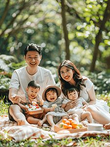 亚洲人欢乐家庭在郊外野餐夏天