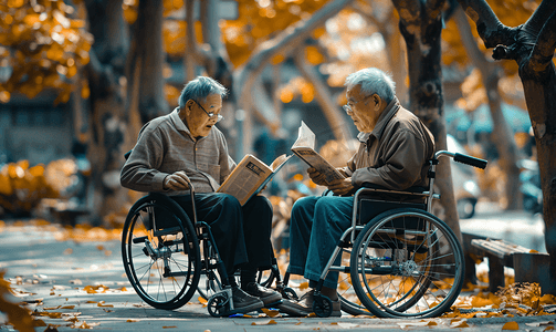 坐着摄影照片_亚洲人户外老年男人坐在轮椅上看书